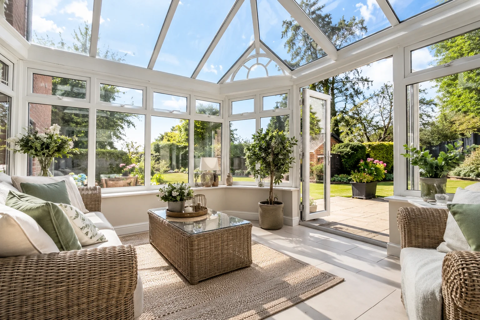 Sunny conservatory with wicker sofas and sparkling glass