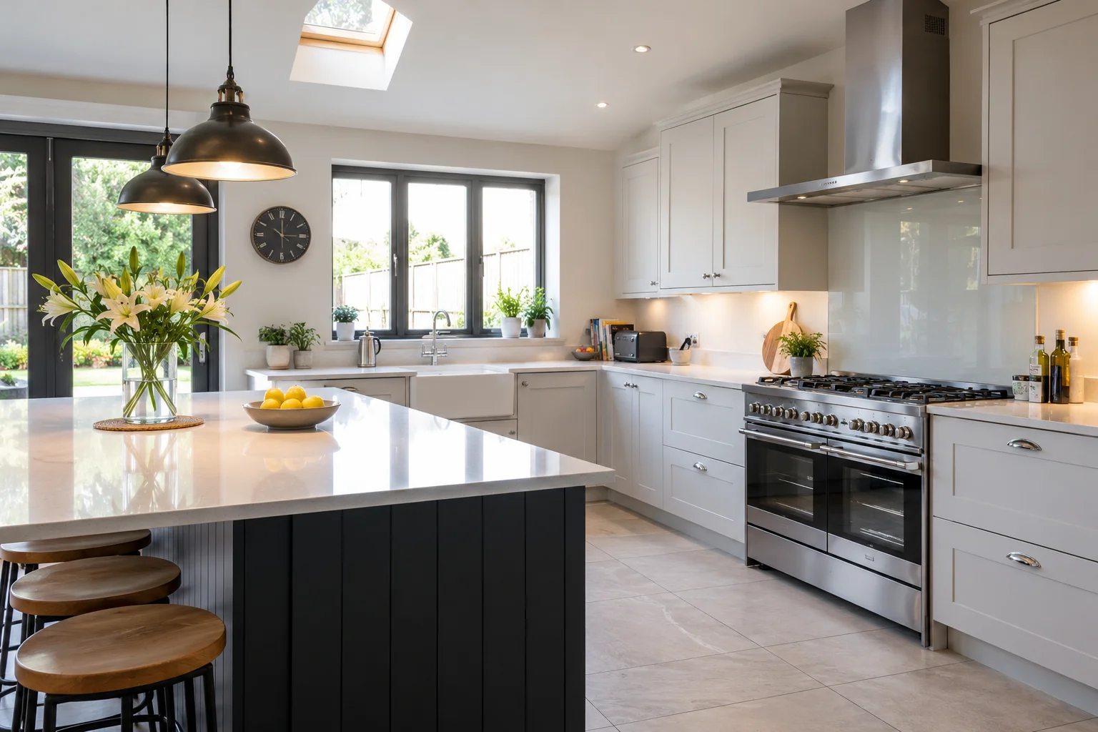 Bright open-plan kitchen with a gleaming white island and range cooker