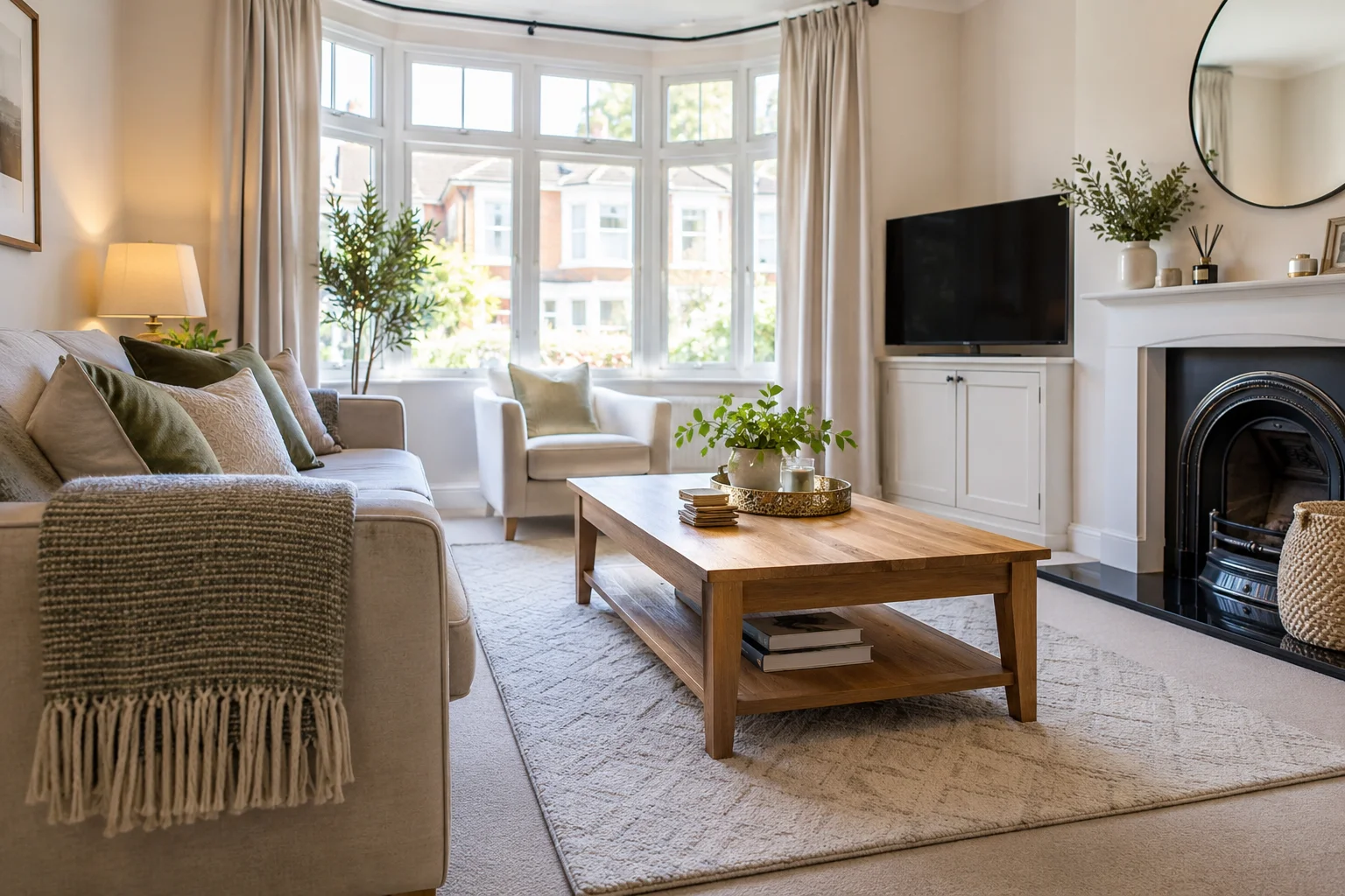 Fresh, tidy living room with a fireplace, oak coffee table and soft rug